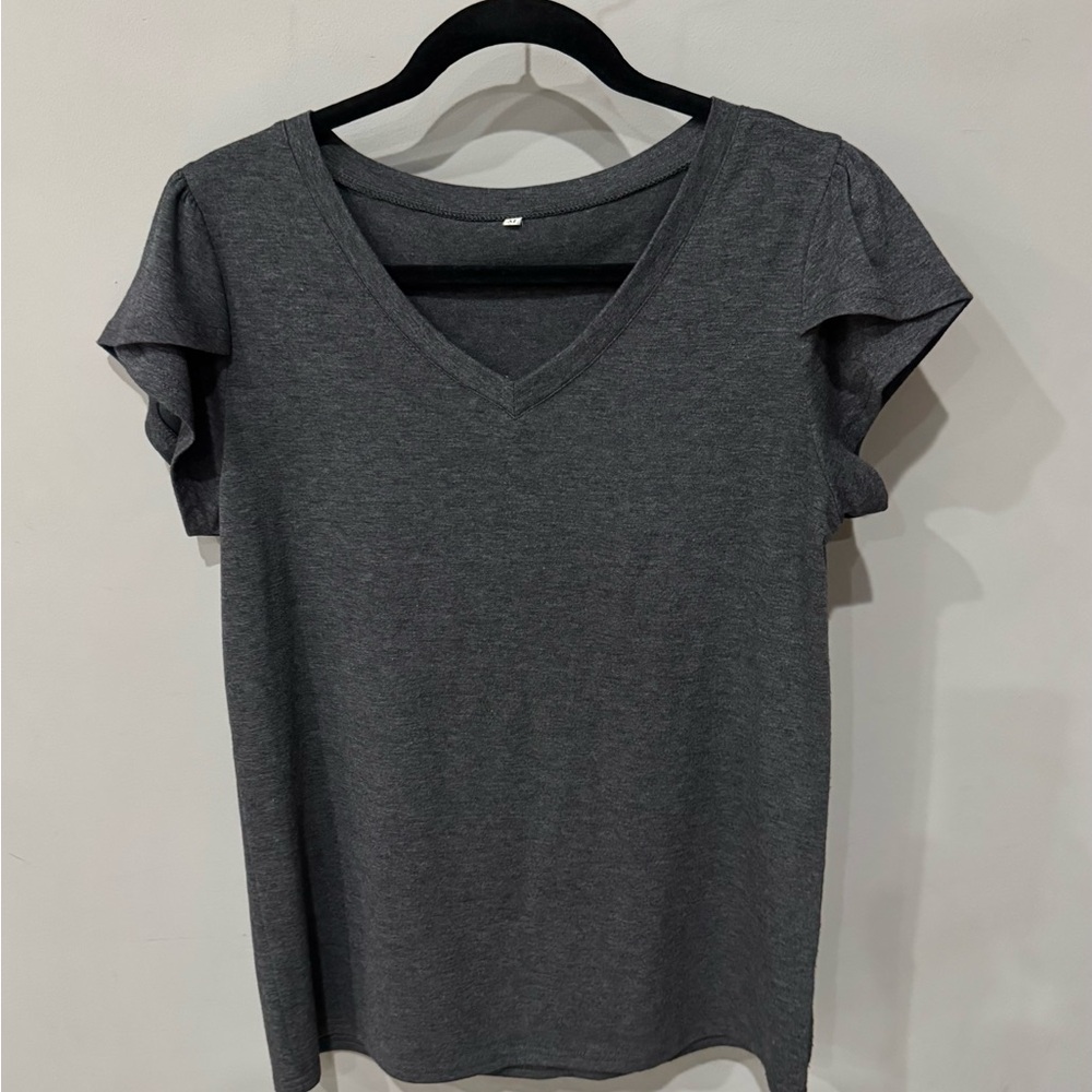 Gray V-Neck Ruffle Sleeve Top